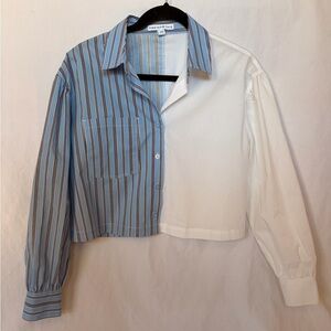 100% Cotton Striped Blue, Black & White Button-Up Cropped Dress Shirt Size Small